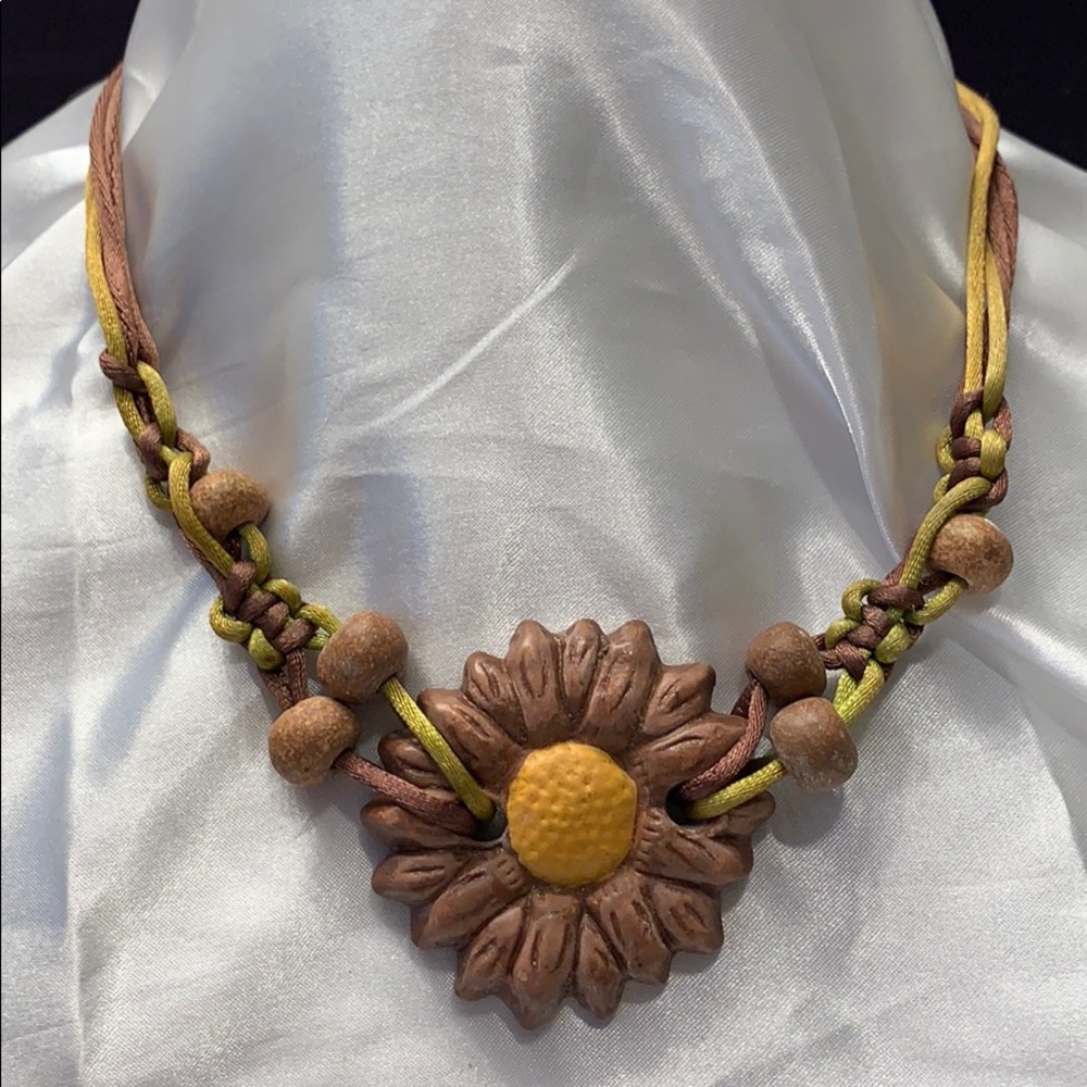 Boho Ceramic pottery Sunflower pendant Necklace